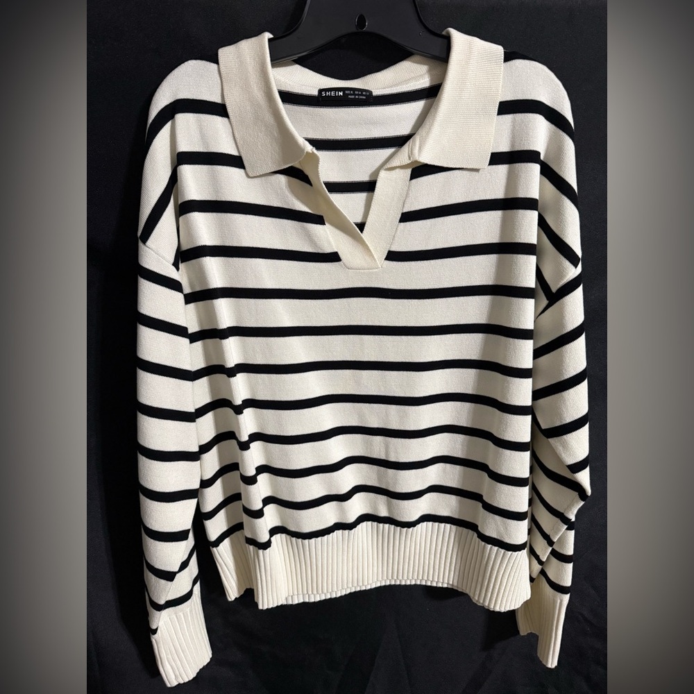SHEIN Black and Cream Striped V-Neck Sweater